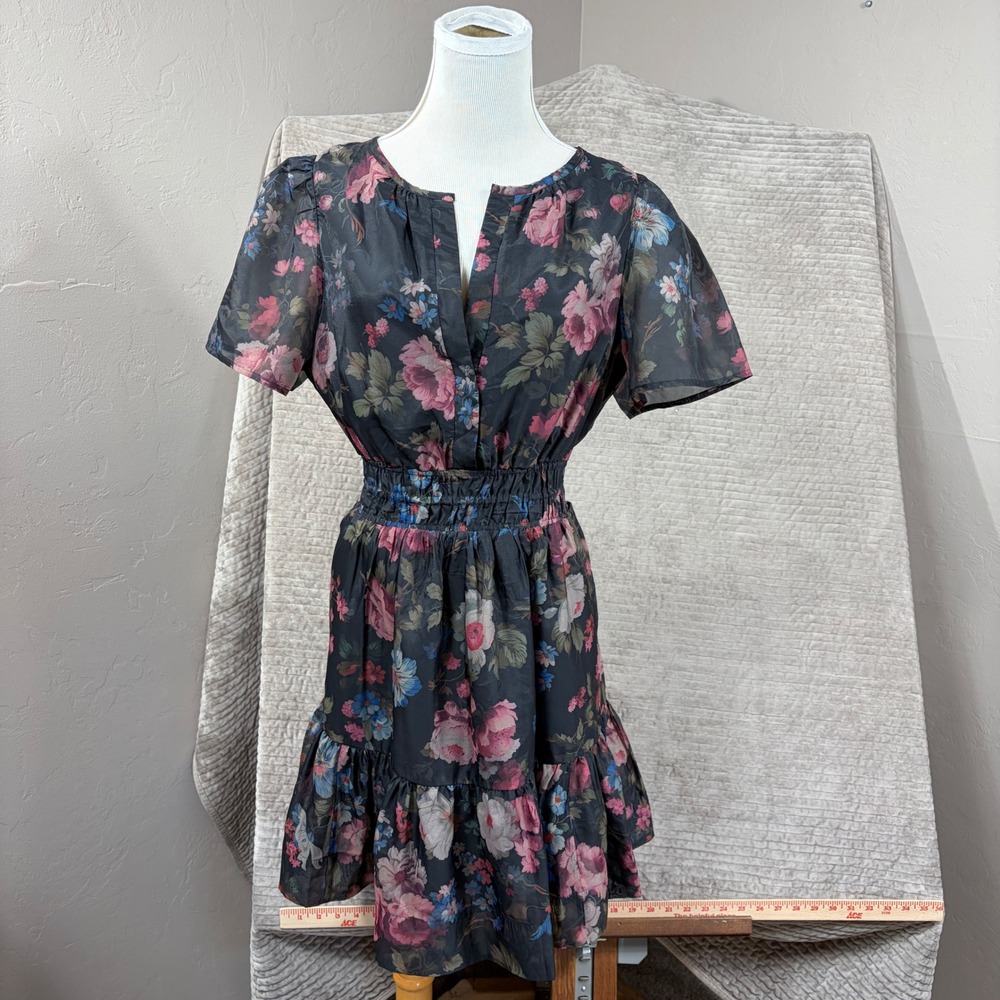 Anthropologie 4130 Clovis Floral Mini Dress Black Motif Pink Blue Rose Large